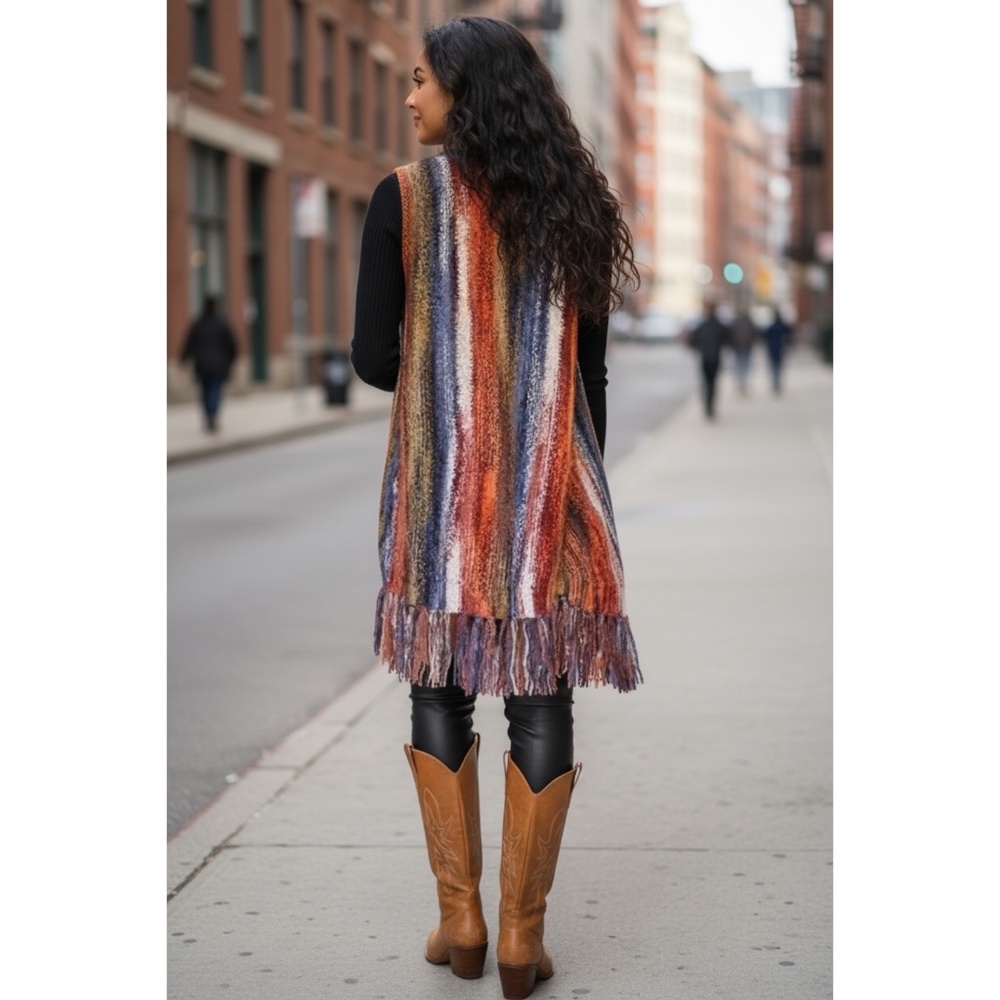 ANGIE Rust Wool Blend Long Sweater Vest with Fringe - Picture 3 of 4